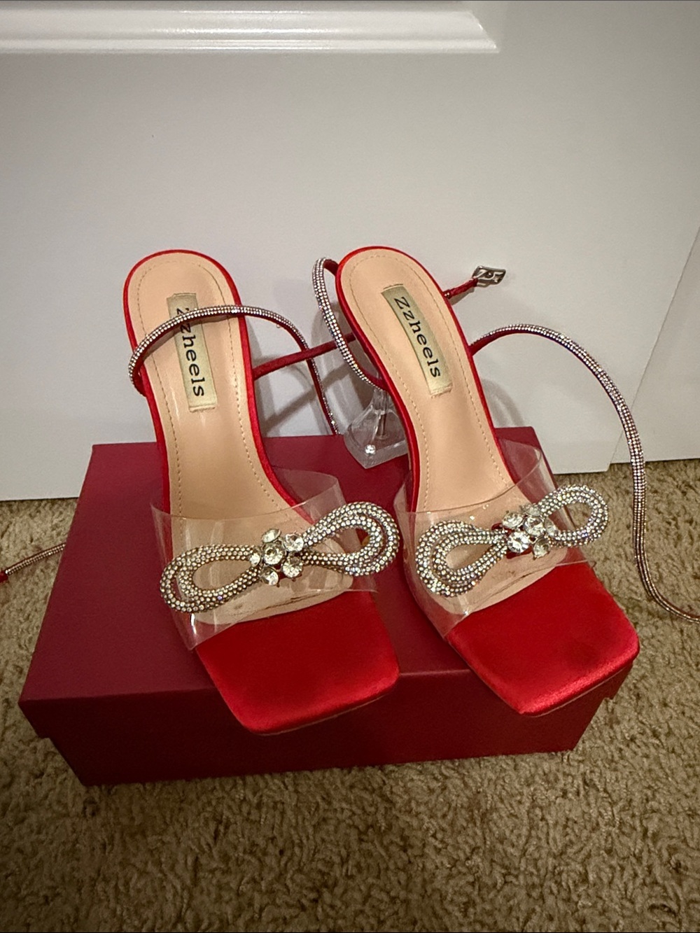 Amazon Red Satin Heels with Crystal Bow and Clear Strap